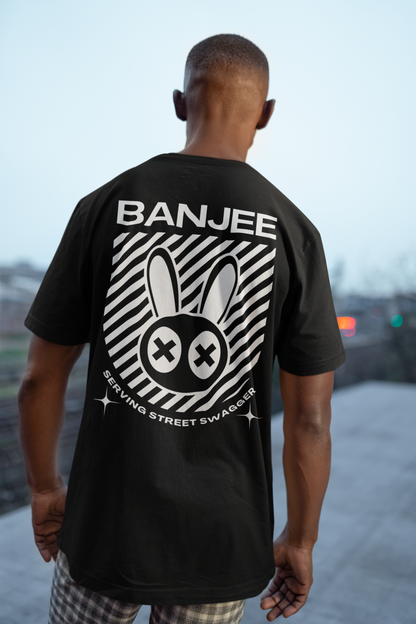 Banjee Mad Rabbit Graphic Tee Streetwear Style Ballroom Culture Origin for that Urban Street Swagger on back of Black Oversize Deep Drop Shoulder Tee - 190 GSM