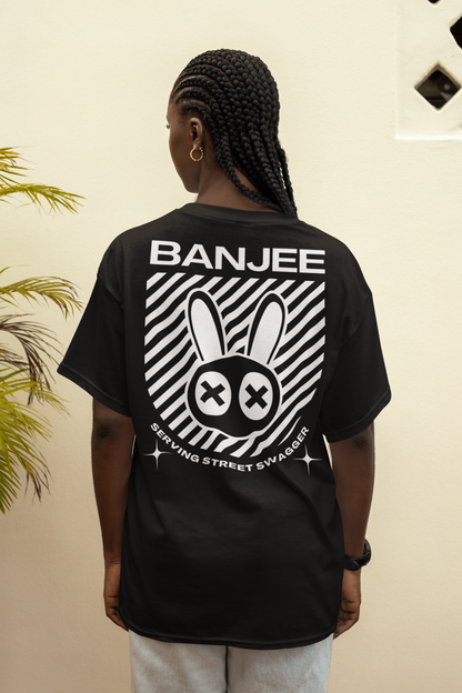 Banjee Mad Rabbit Graphic Tee Streetwear Style Ballroom Culture Origin for that Urban Street Swagger on back of Black Oversize Deep Drop Shoulder Tee - 190 GSM