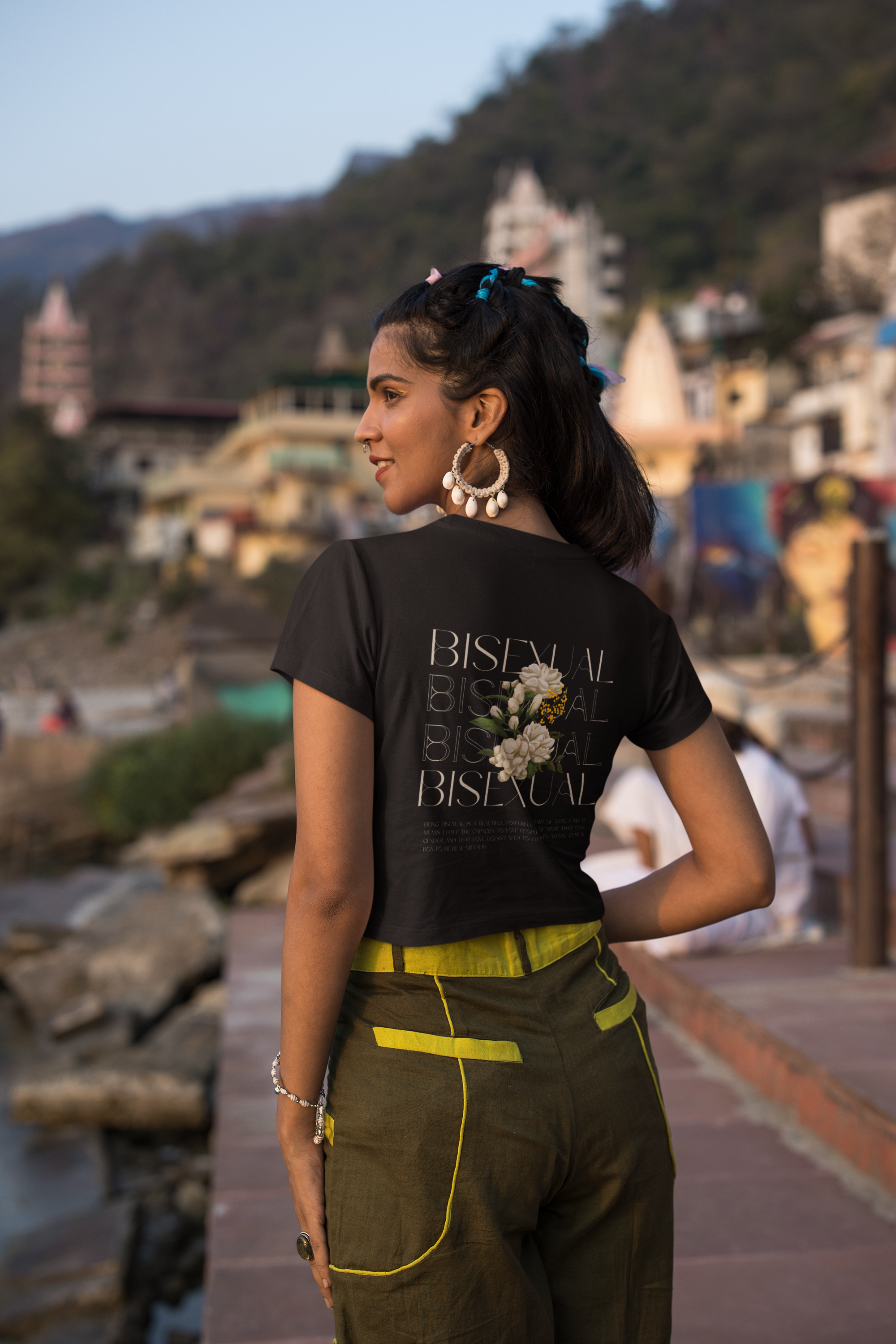 Bisexual+ Pride Shirt Black with Vintage Flower Design Subtle but Proud. Relaxed Fit T-shirt