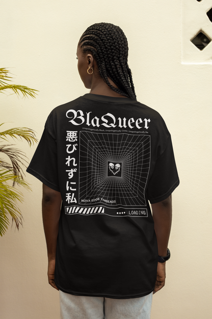 BlaQueer Graphic Tee Japanese Streetwear Style Black Pride Gear Oversize Deep Drop Shoulder Tee - 190 GSM