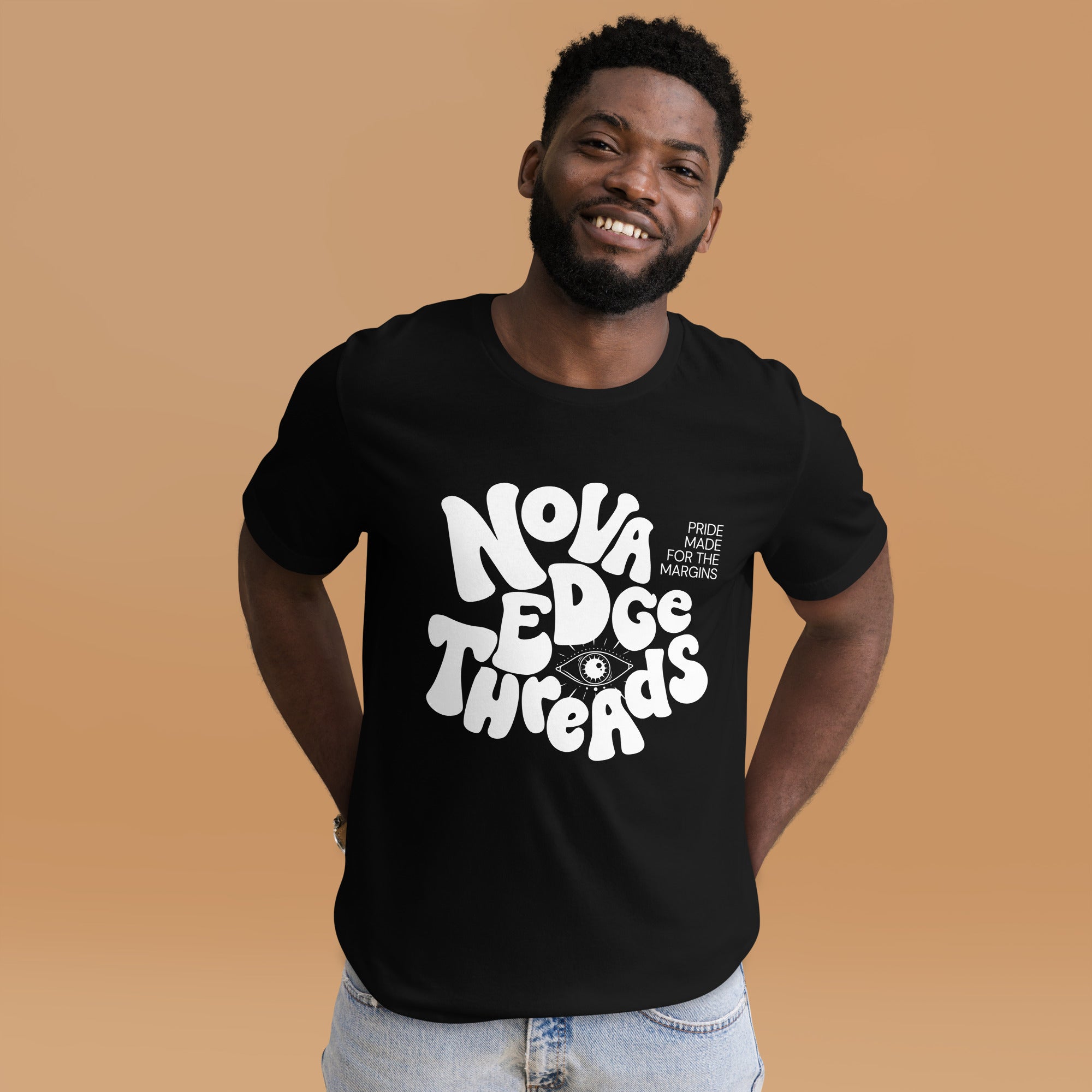 Nova Edge Threads Nostalgic Typo Graphic Tee on front of Black Relaxed Fit T-Shirt