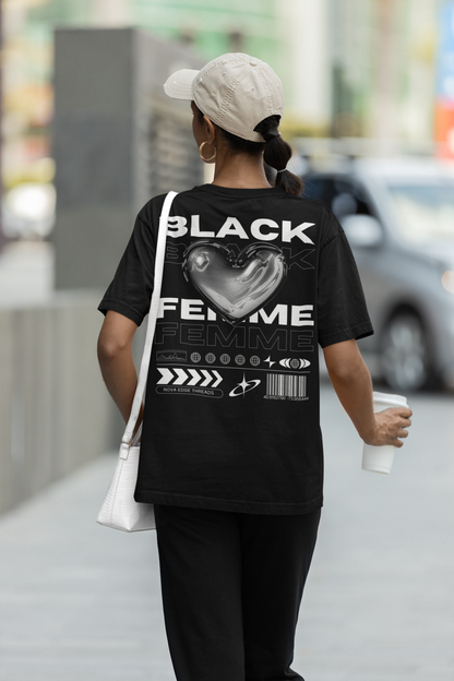 Black Femme Streetwear Fashion Chrome Heart on Black Oversize Deep Drop Shoulder Tee - 190 GSM