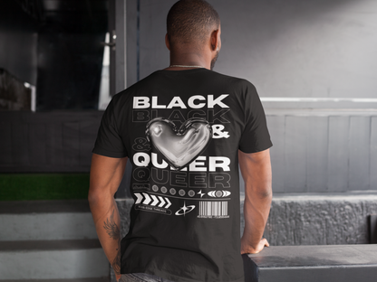 Camiseta gráfica estilo urbano con orgullo interseccional negro y queer en la parte posterior de la camiseta negra de gran tamaño con hombros caídos profundos - 190 GSM