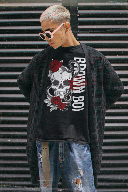 Brown Boi Skull and Red Roses Graphic Chicano Streetwear Style on Front of Black Oversize Deep Drop Shoulder Tee - 190 GSM