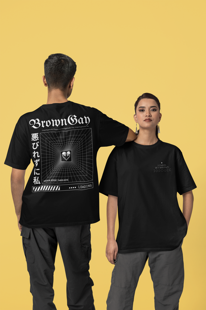 Unapologetically Brown Gay Pride Japanese Streetwear Style on back of Black Oversize Deep Drop Shoulder Tee - 190 GSM