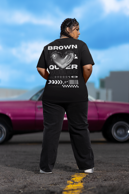 Brown & Queer Graphic Tee Chrome Hear Streetwear Intersectional Pride on back of Black Oversize Deep Drop Shoulder Tee - 190 GSM