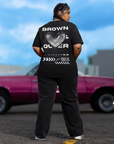 Brown & Queer Graphic Tee Chrome Hear Streetwear Intersectional Pride on back of Black Oversize Deep Drop Shoulder Tee - 190 GSM