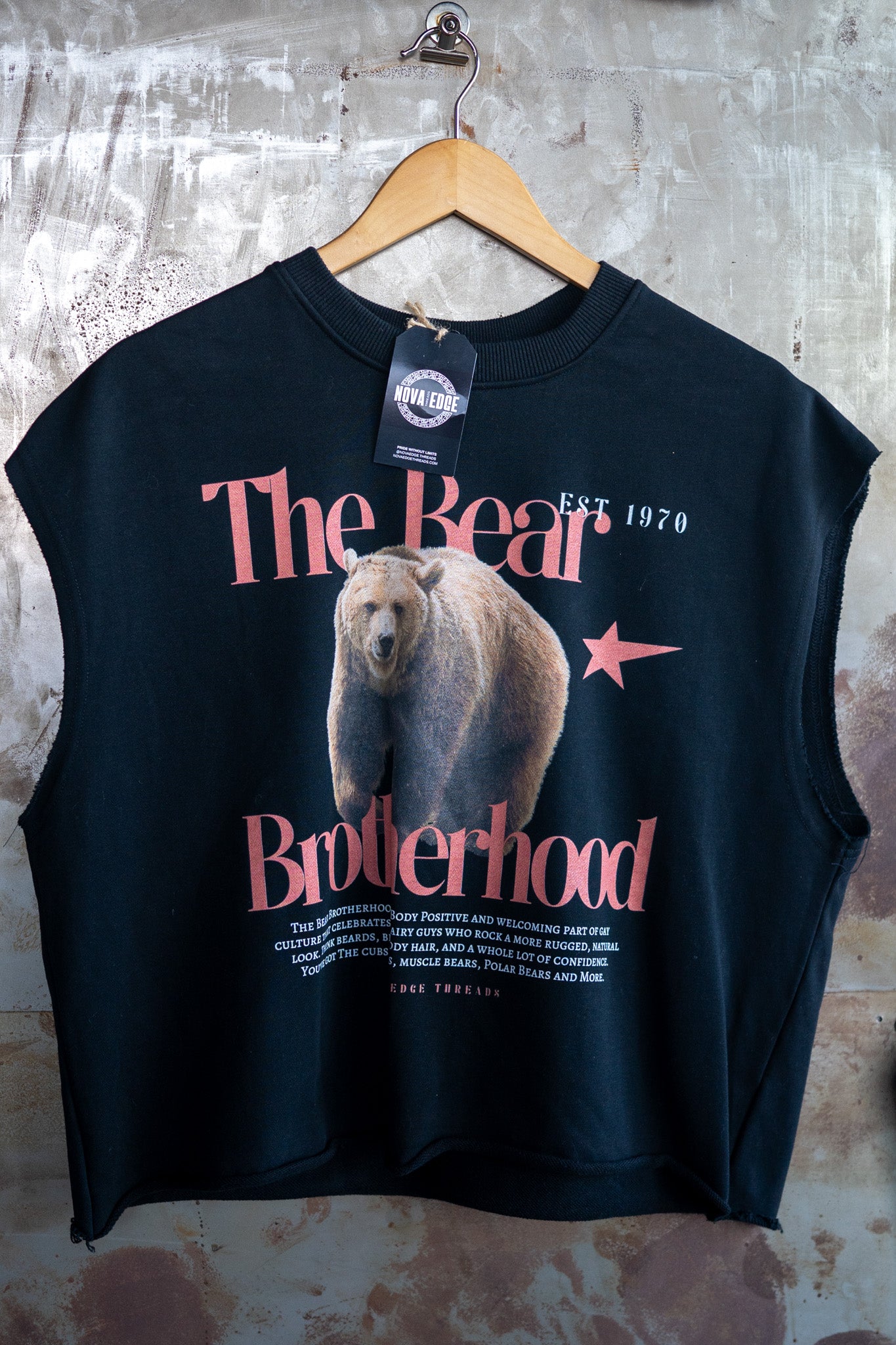 The Bear Brotherhood Graphic Gay Pride Vintage Style on Front of Black French Terry Boxy Tank Top French Terry Boxy Tank Top
