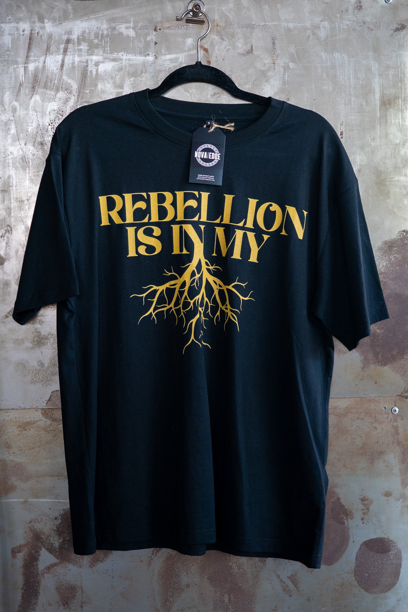 Rebellion is in my Roots Pride T-Shirt Protest Streetwear Black Oversize Deep Drop Shoulder Tee Oversize Deep Drop Shoulder Tee - 190 GSM