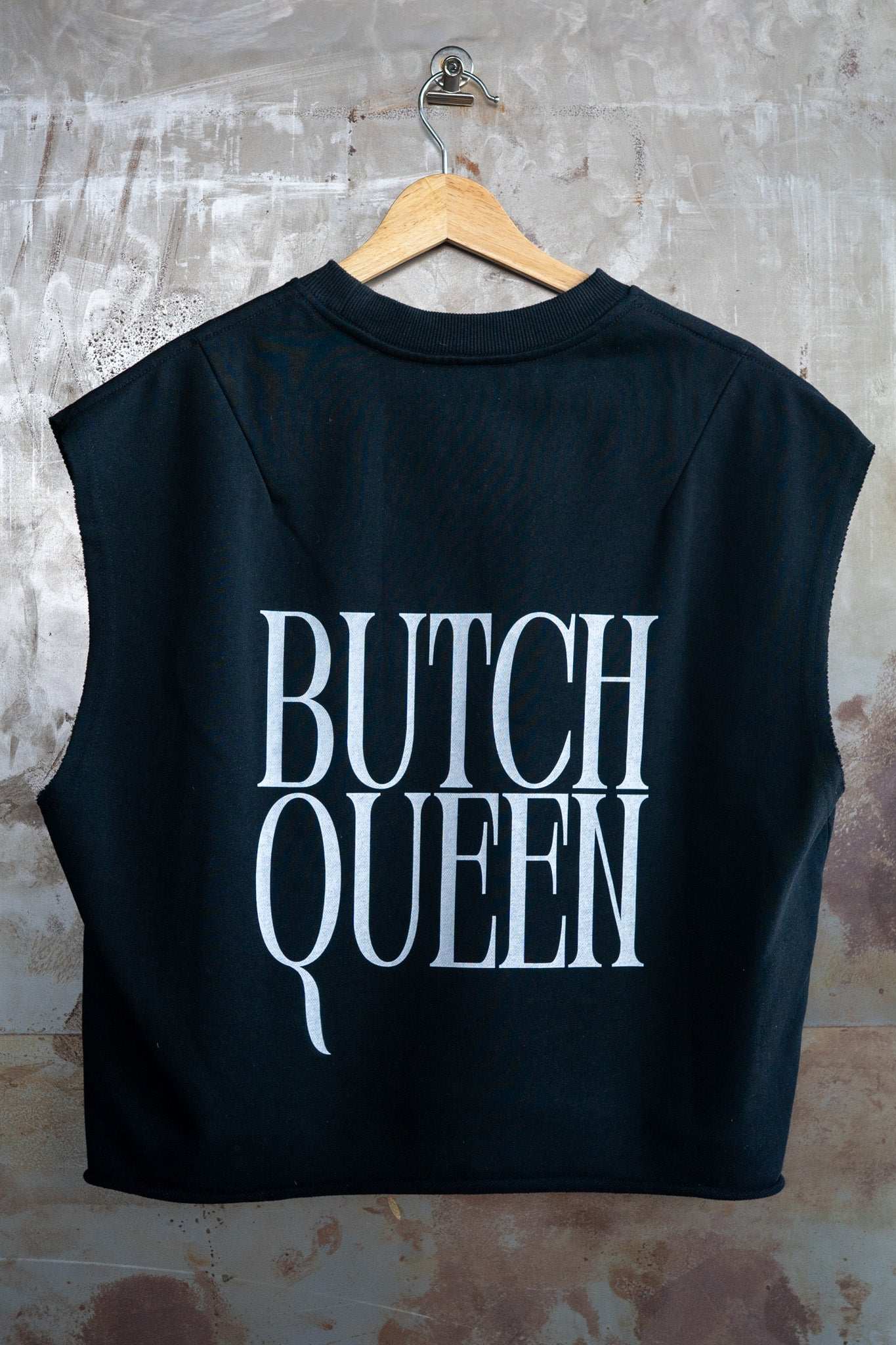 Butch Queen Minimal Punk Aesthetic on back of Black French Terry Boxy Tank Top French Terry Boxy Tank Top