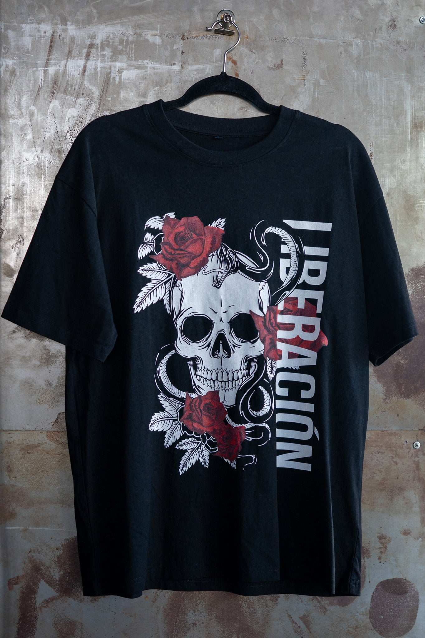 Liberación Skull & Roses Graphic Tee front of Black Oversize Deep Drop Shoulder Tee Oversize Deep Drop Shoulder Tee - 190 GSM