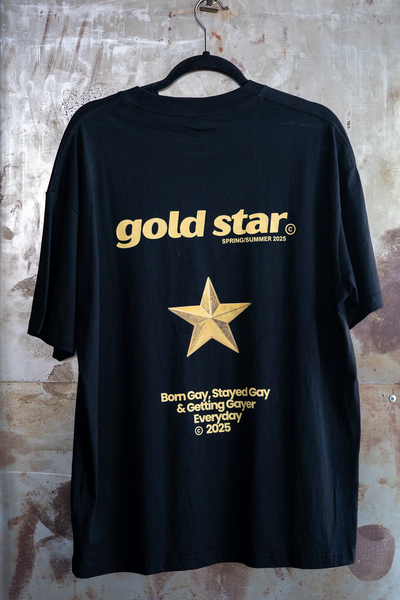 Gold Star T Shirt Born Gay, Stayed Gay Pride T-Shirt Black Oversize Deep Drop Shoulder Tee Oversize Deep Drop Shoulder Tee - 190 GSM