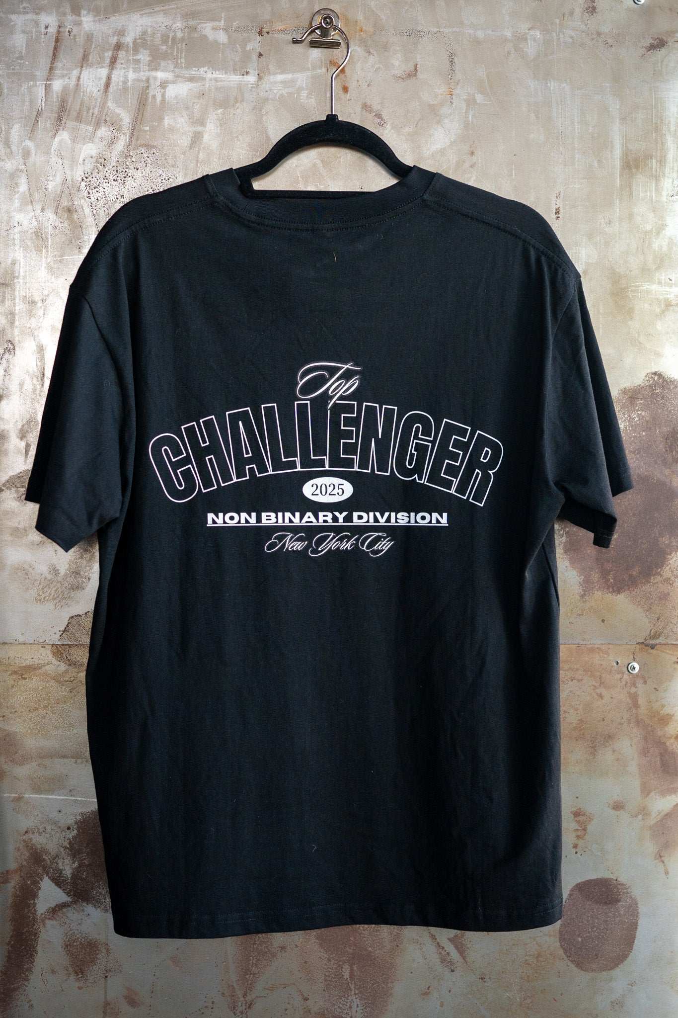 Top Challenger Non Binary Division on back of Black Oversize Deep Drop Shoulder Tee Oversize Deep Drop Shoulder Tee - 190 GSM