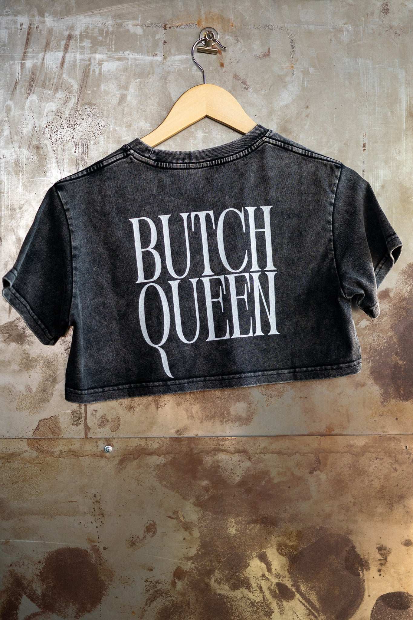 Butch Queen Minimal Punk Aesthetic on back of Snow Washed Crop Top Snow Washed Crop Top