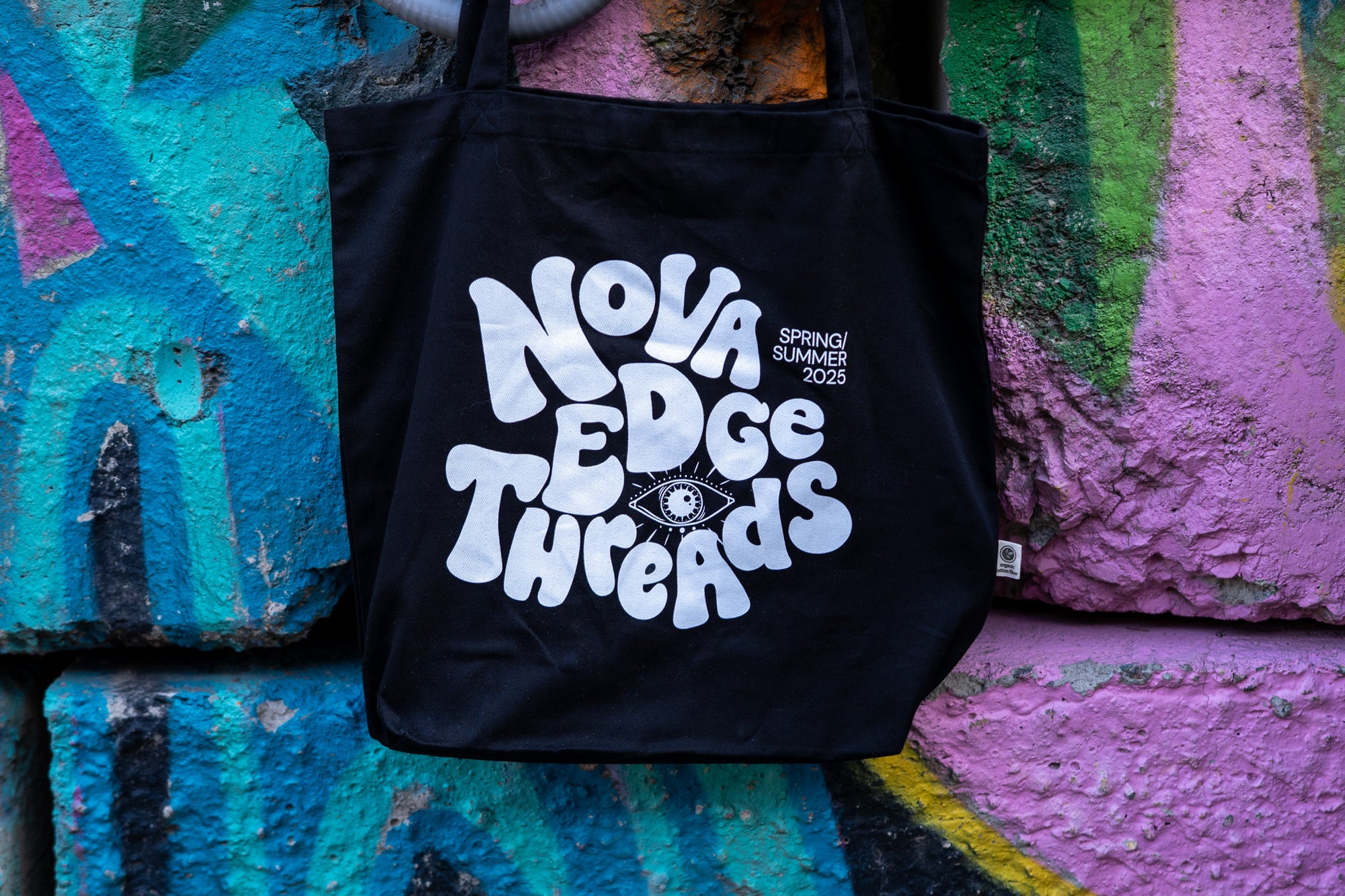 Nova Edge Threads Groovy Typography Streetwear that Gives on Black Eco Tote Bag Eco Tote