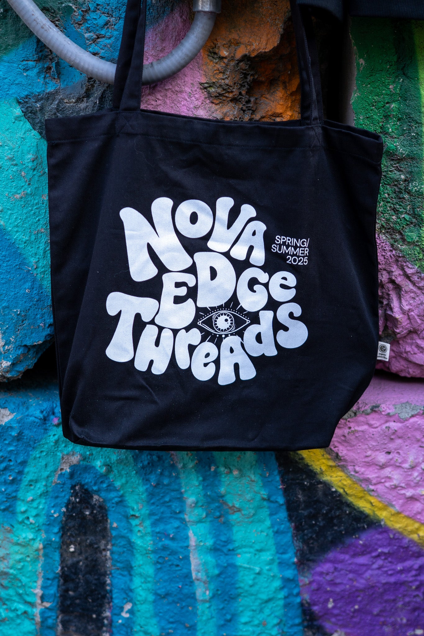 Nova Edge Threads Groovy Typography Streetwear that Gives on Black Eco Tote Bag Eco Tote
