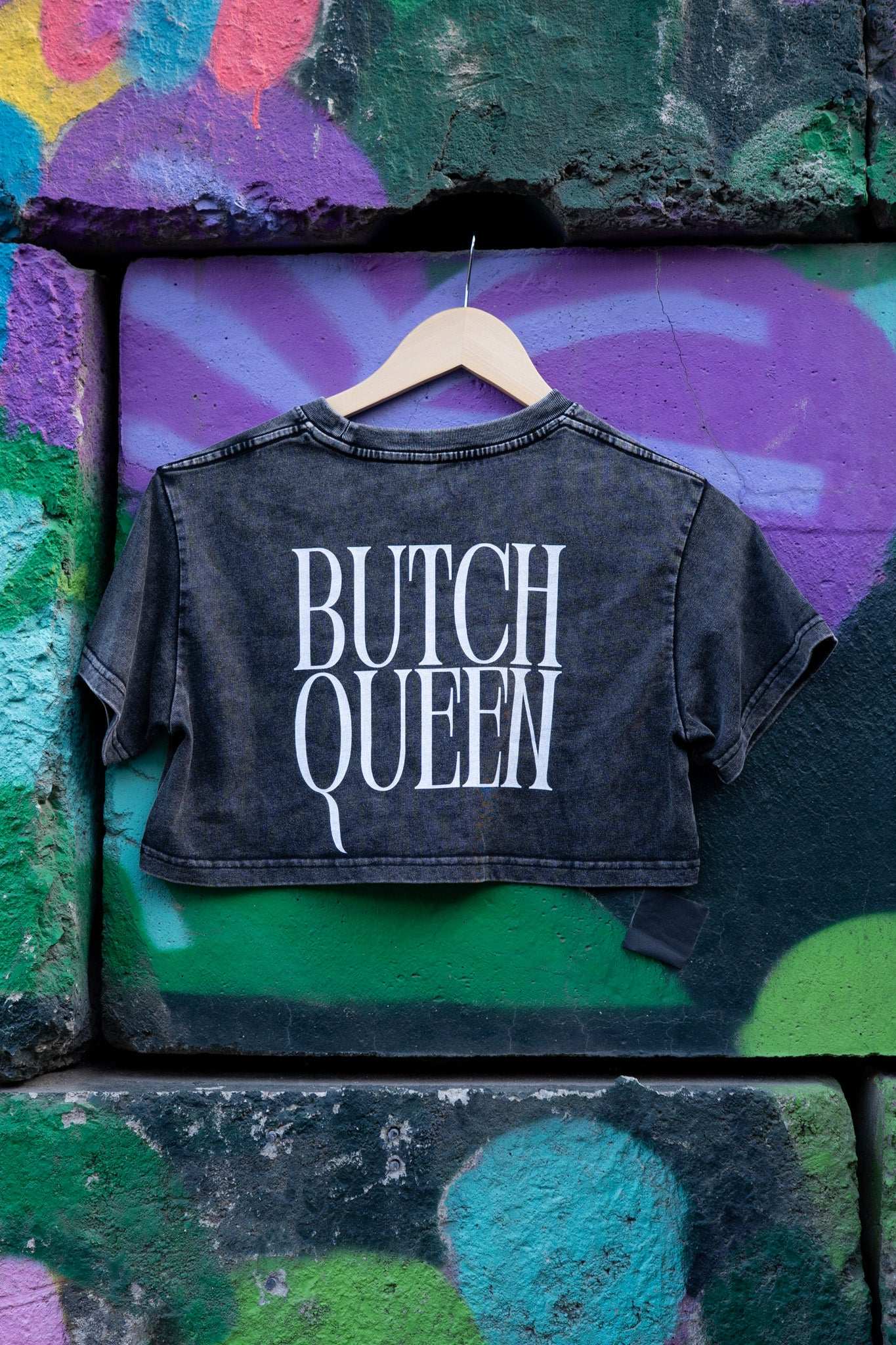 Butch Queen Minimal Punk Aesthetic on back of Snow Washed Crop Top Snow Washed Crop Top