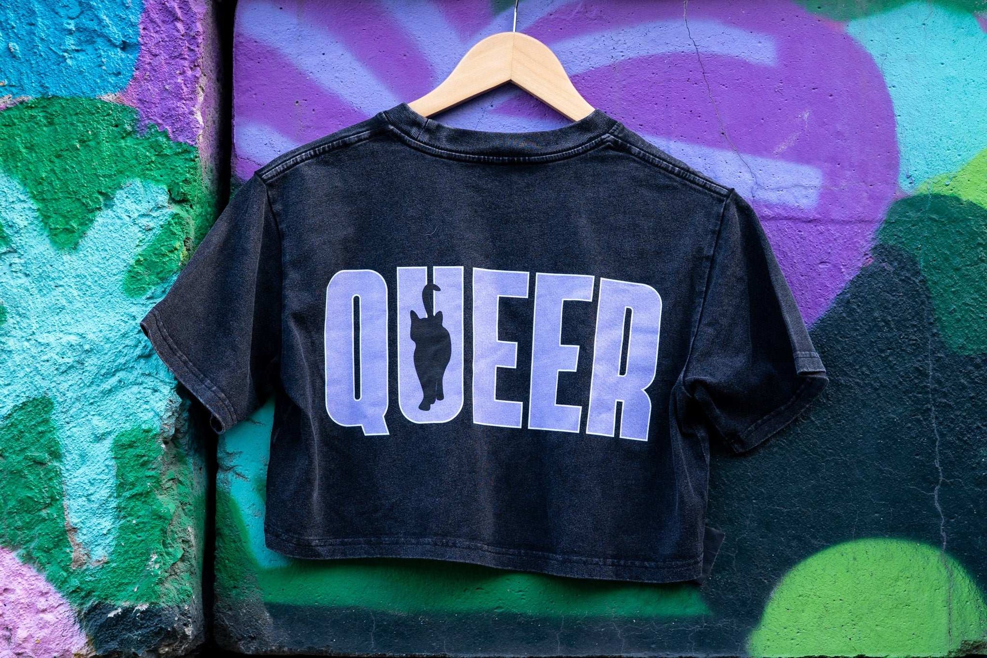 Queer Cat Club Queer Pride Lavender Text on Snow Washed Crop Top Snow Washed Crop Top