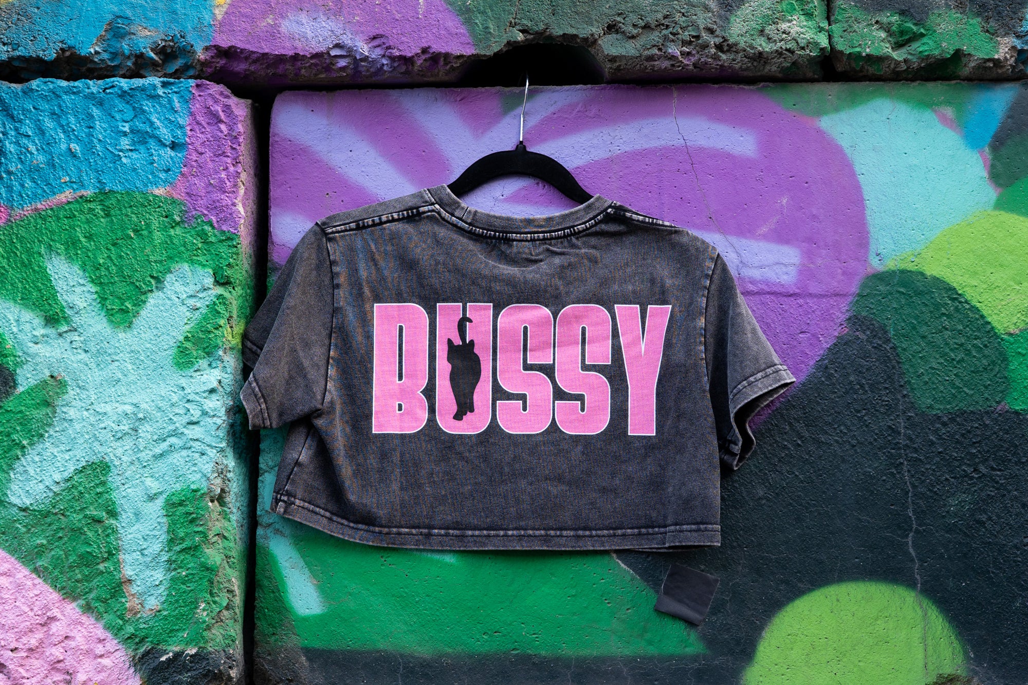Bussy Cat Club Black and Pink Snow Washed Crop Top