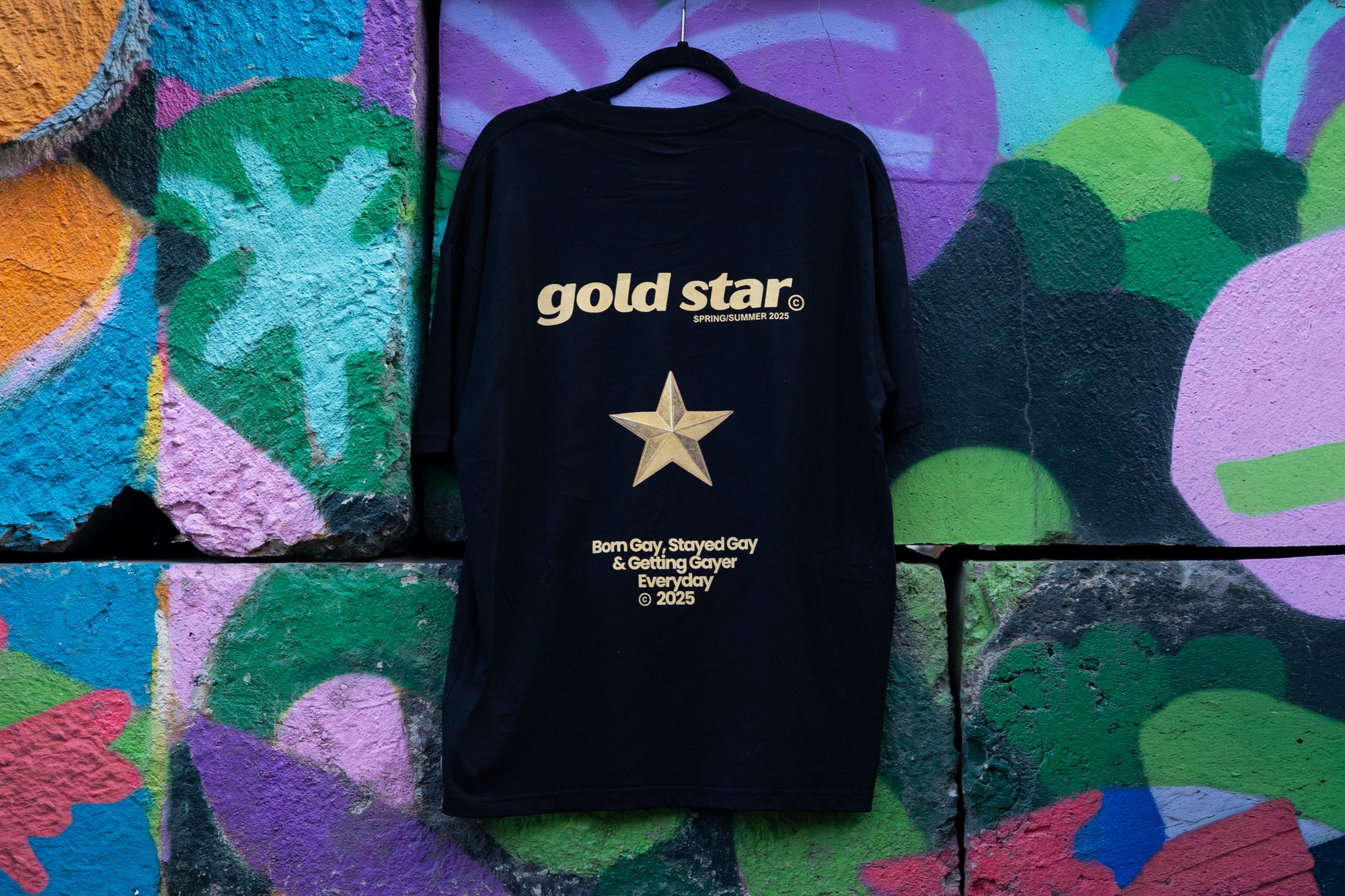 Gold Star T Shirt Born Gay, Stayed Gay Pride T-Shirt Black Oversize Deep Drop Shoulder Tee Oversize Deep Drop Shoulder Tee - 190 GSM