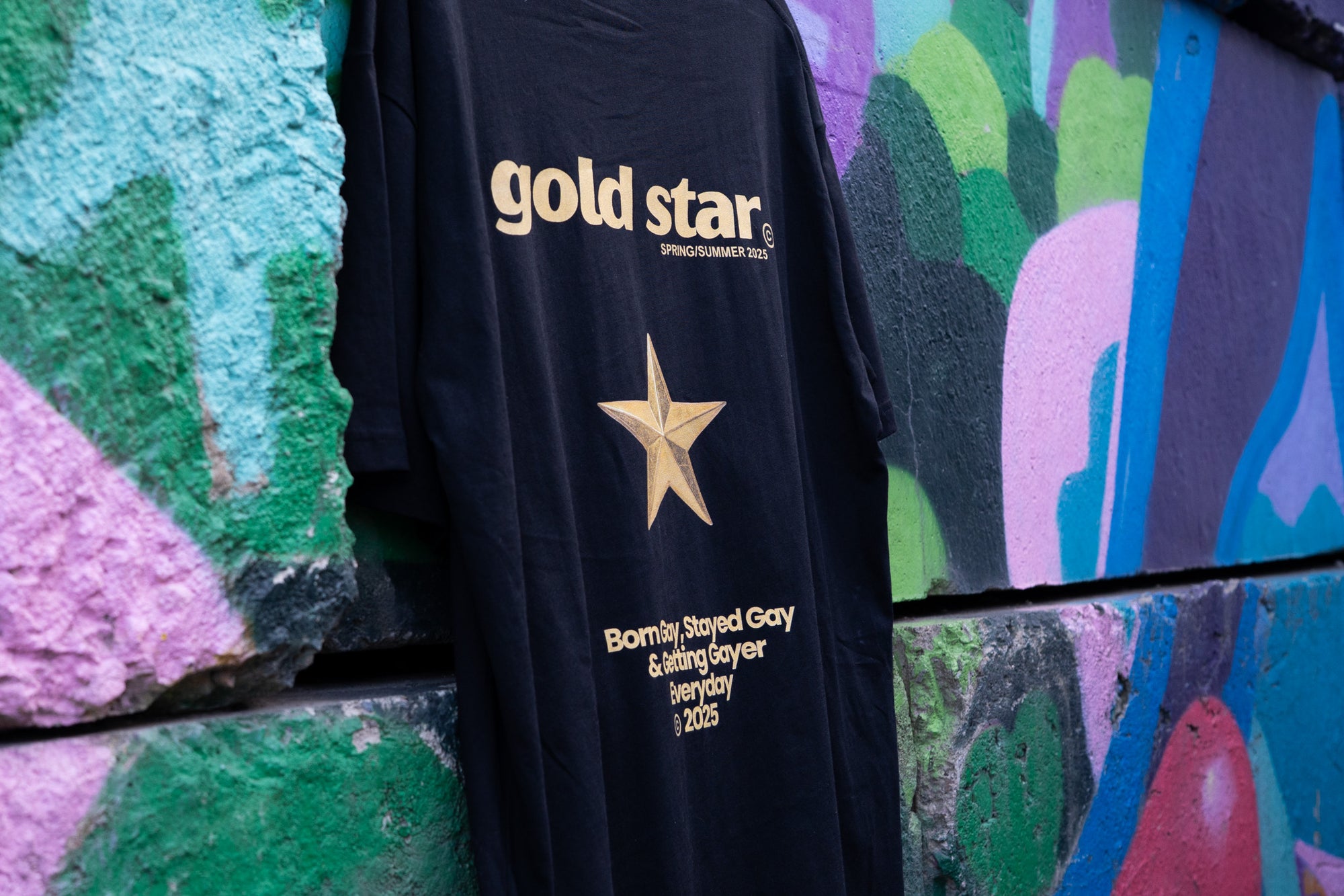 Gold Star T Shirt Born Gay, Stayed Gay Pride T-Shirt Black Oversize Deep Drop Shoulder Tee Oversize Deep Drop Shoulder Tee - 190 GSM