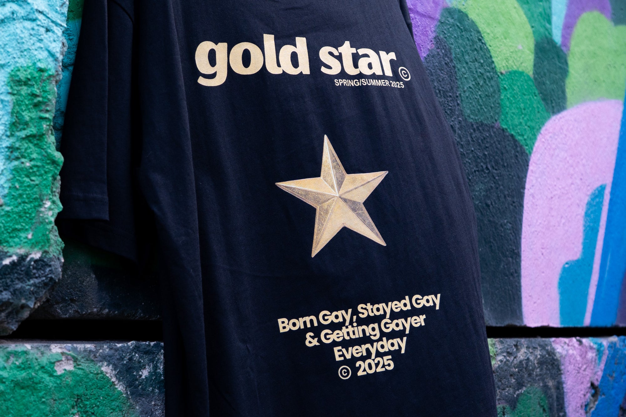 Gold Star T Shirt Born Gay, Stayed Gay Pride T-Shirt Black Oversize Deep Drop Shoulder Tee Oversize Deep Drop Shoulder Tee - 190 GSM