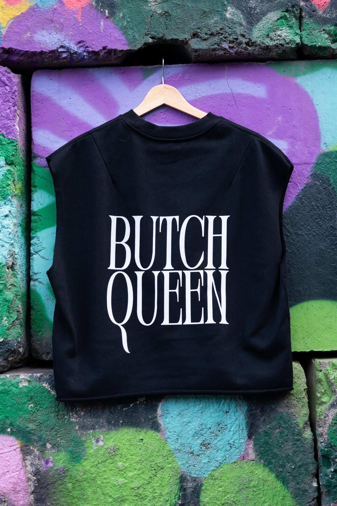 Butch Queen Minimal Punk Aesthetic on back of Black French Terry Boxy Tank Top French Terry Boxy Tank Top