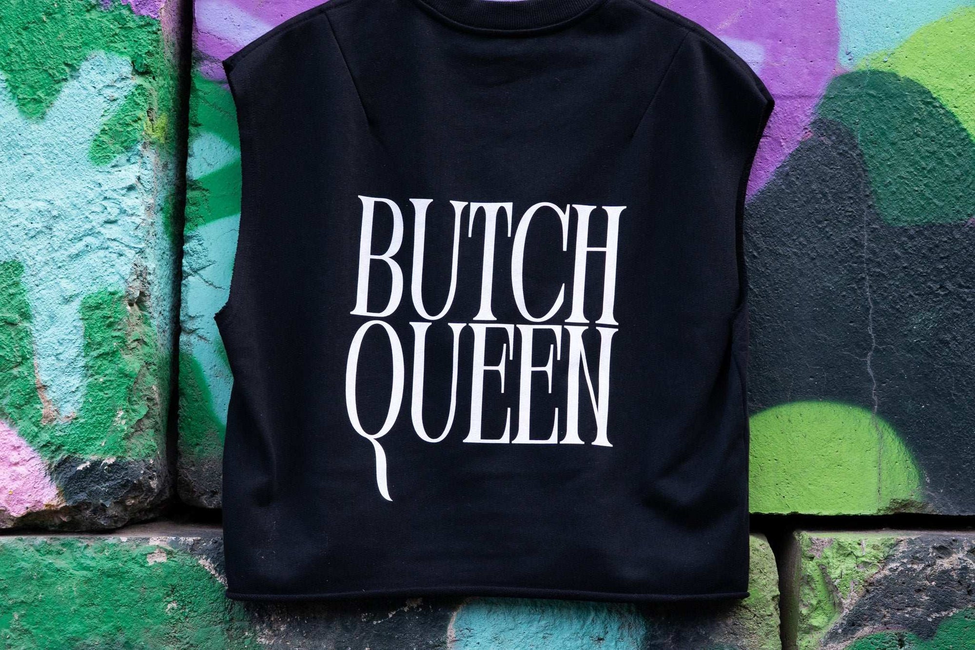 Butch Queen Minimal Punk Aesthetic on back of Black French Terry Boxy Tank Top French Terry Boxy Tank Top