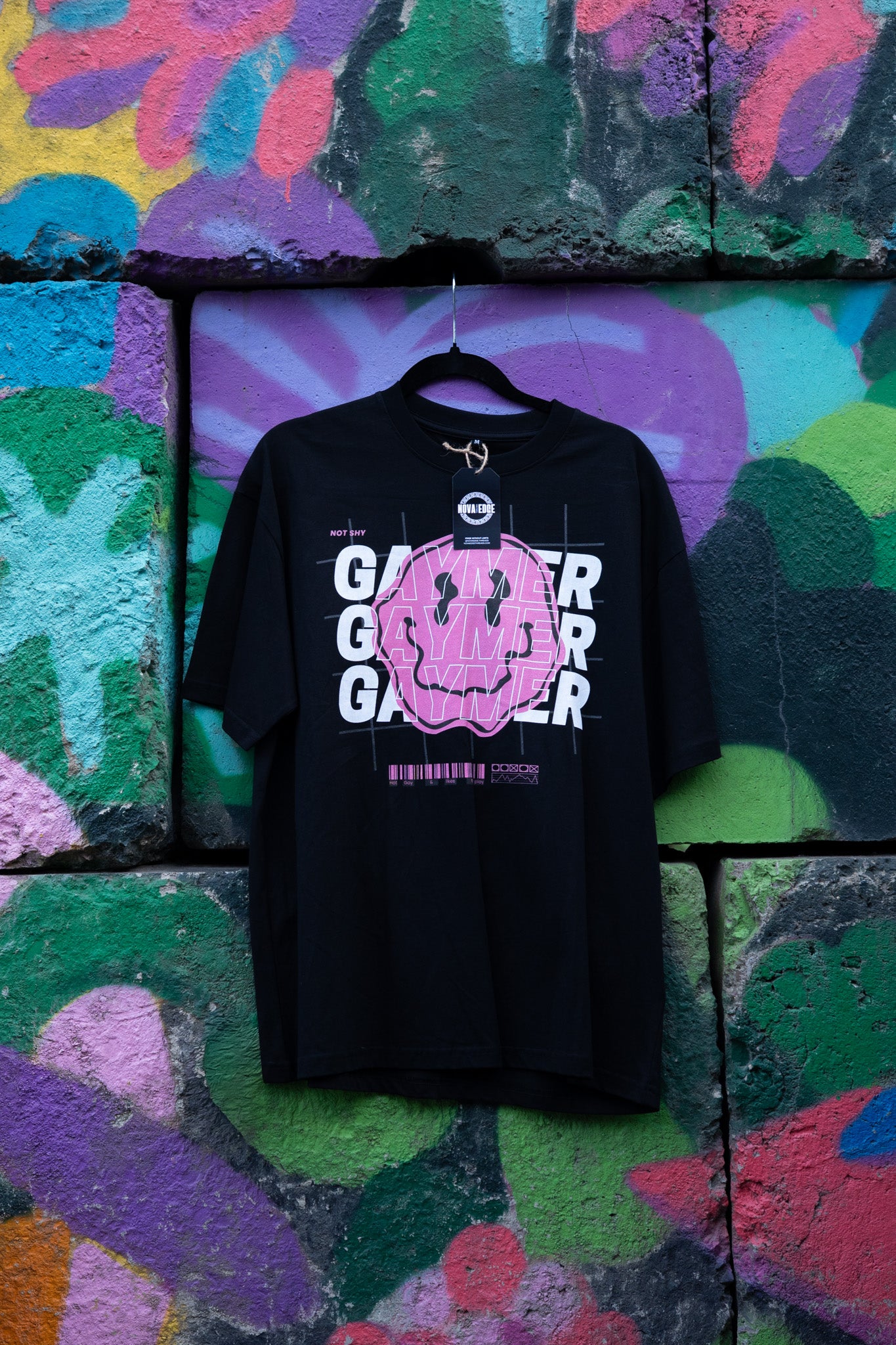 Gaymer Graphic Tee Pink Smiley Gay Pride T-Shirt Black Oversize Deep Drop Shoulder Tee Oversize Deep Drop Shoulder Tee - 190 GSM