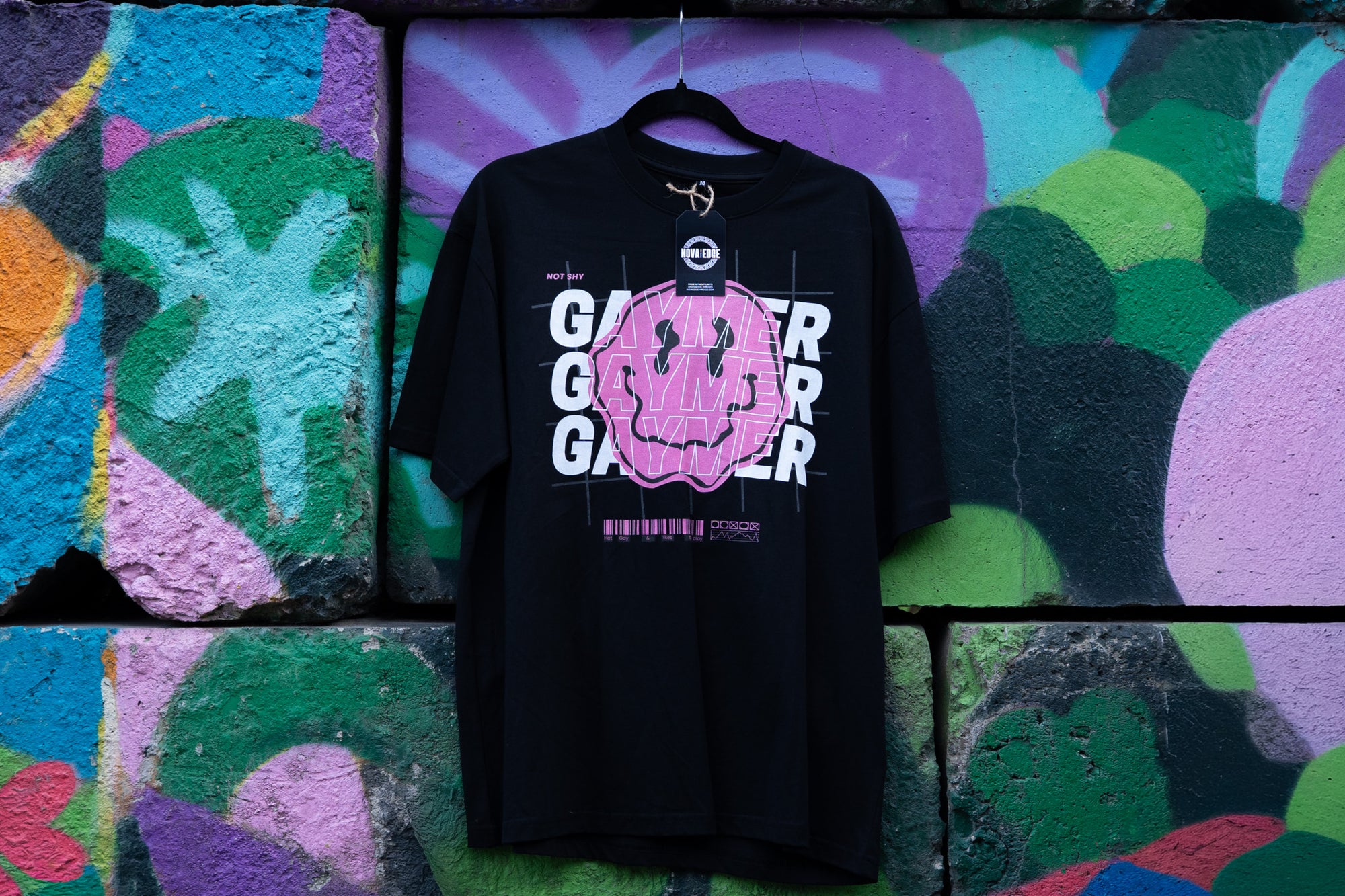 Gaymer Graphic Tee Pink Smiley Gay Pride T-Shirt Black Oversize Deep Drop Shoulder Tee Oversize Deep Drop Shoulder Tee - 190 GSM