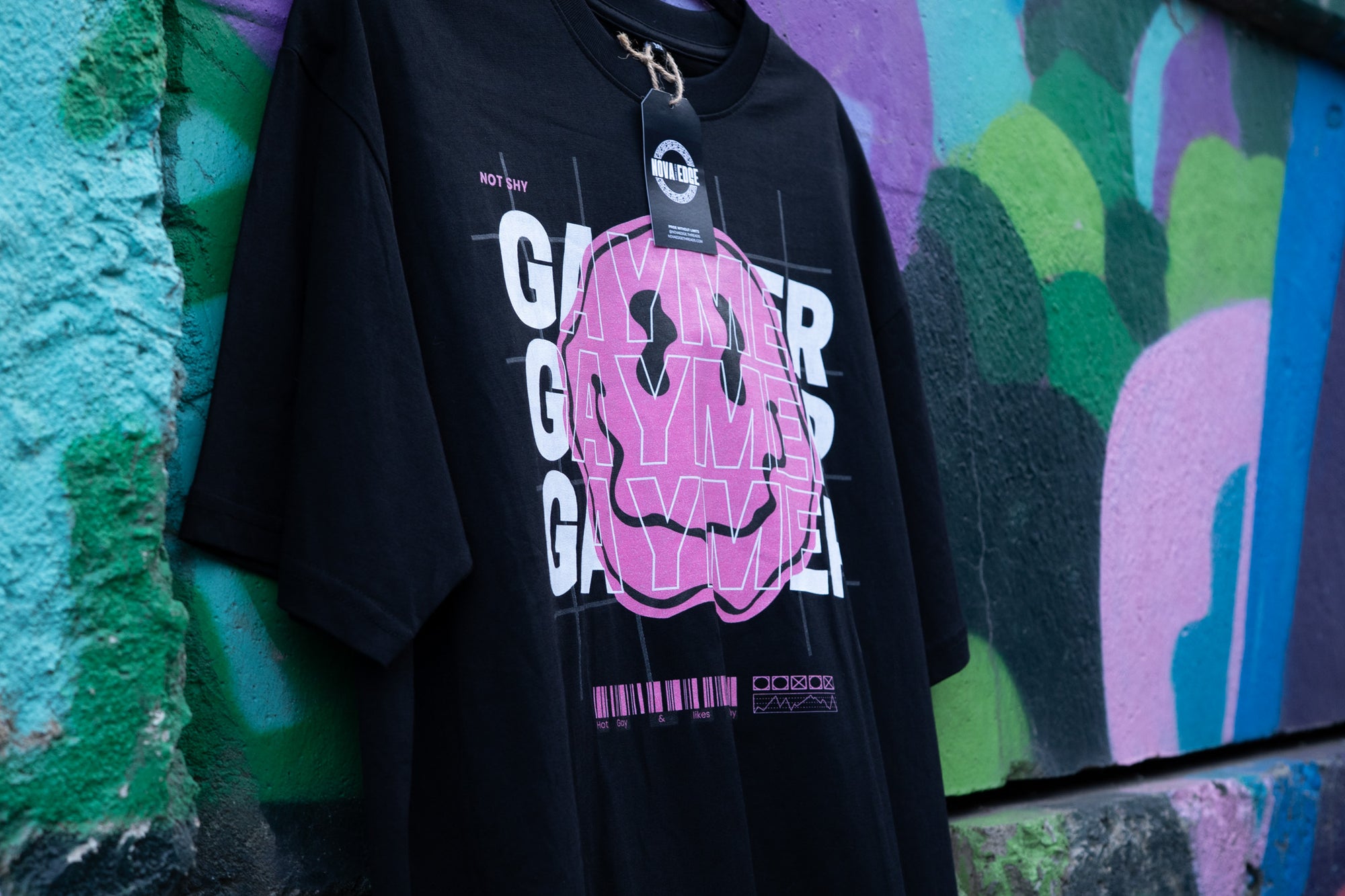 Gaymer Graphic Tee Pink Smiley Gay Pride T-Shirt Black Oversize Deep Drop Shoulder Tee Oversize Deep Drop Shoulder Tee - 190 GSM