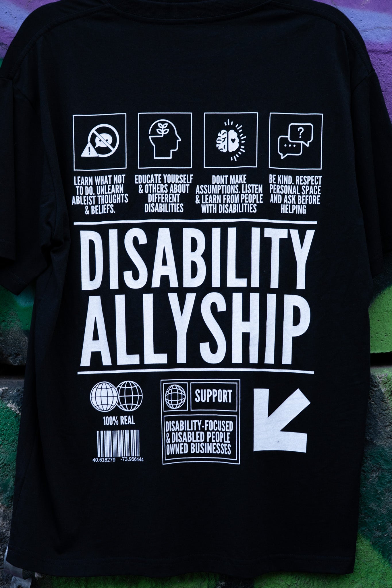 Disability Allyship Graphic Tee on back of Black Oversize Deep Drop Shoulder Tee Oversize Deep Drop Shoulder Tee - 190 GSM