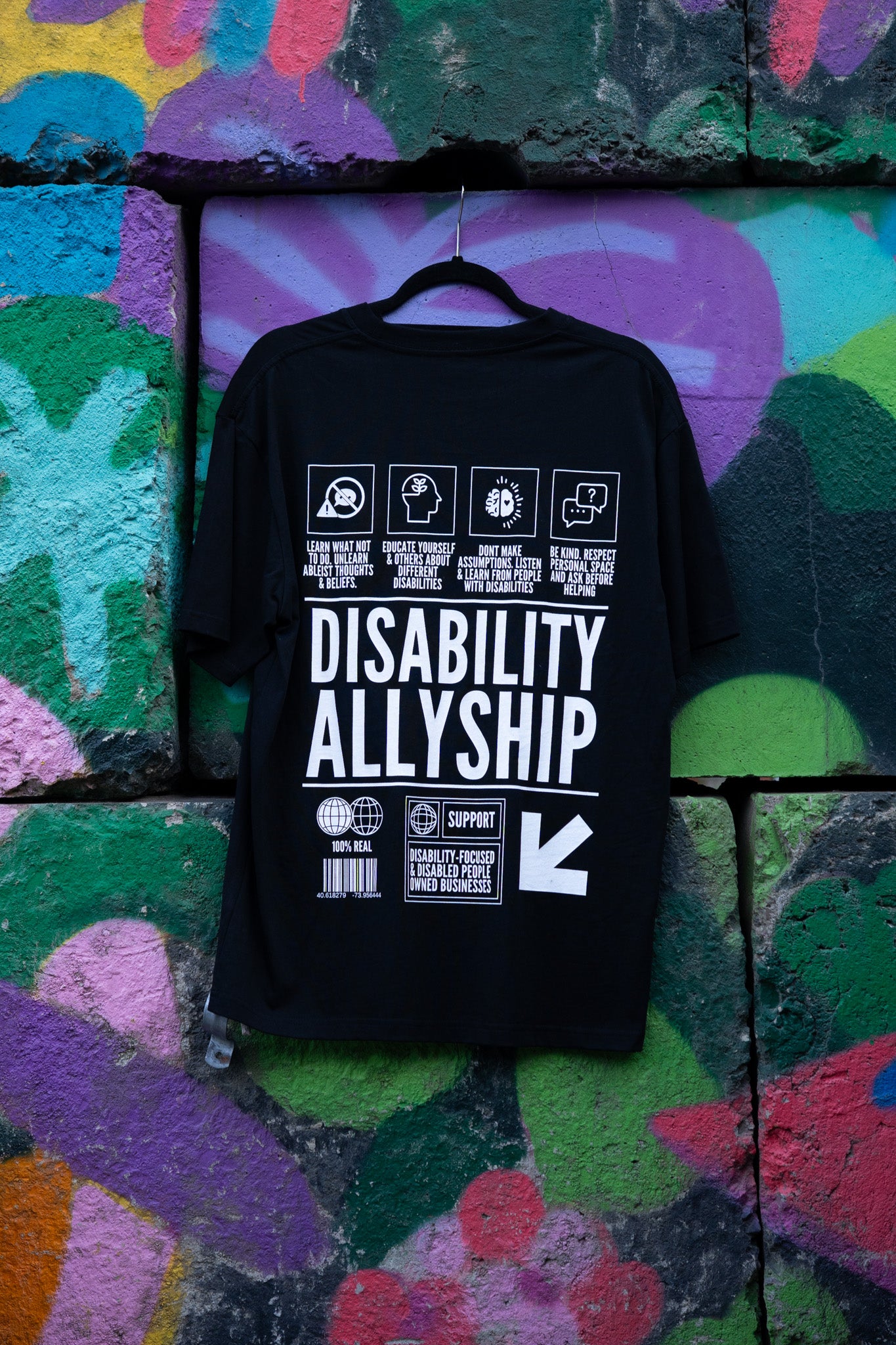 Disability Allyship Graphic Tee on back of Black Oversize Deep Drop Shoulder Tee Oversize Deep Drop Shoulder Tee - 190 GSM