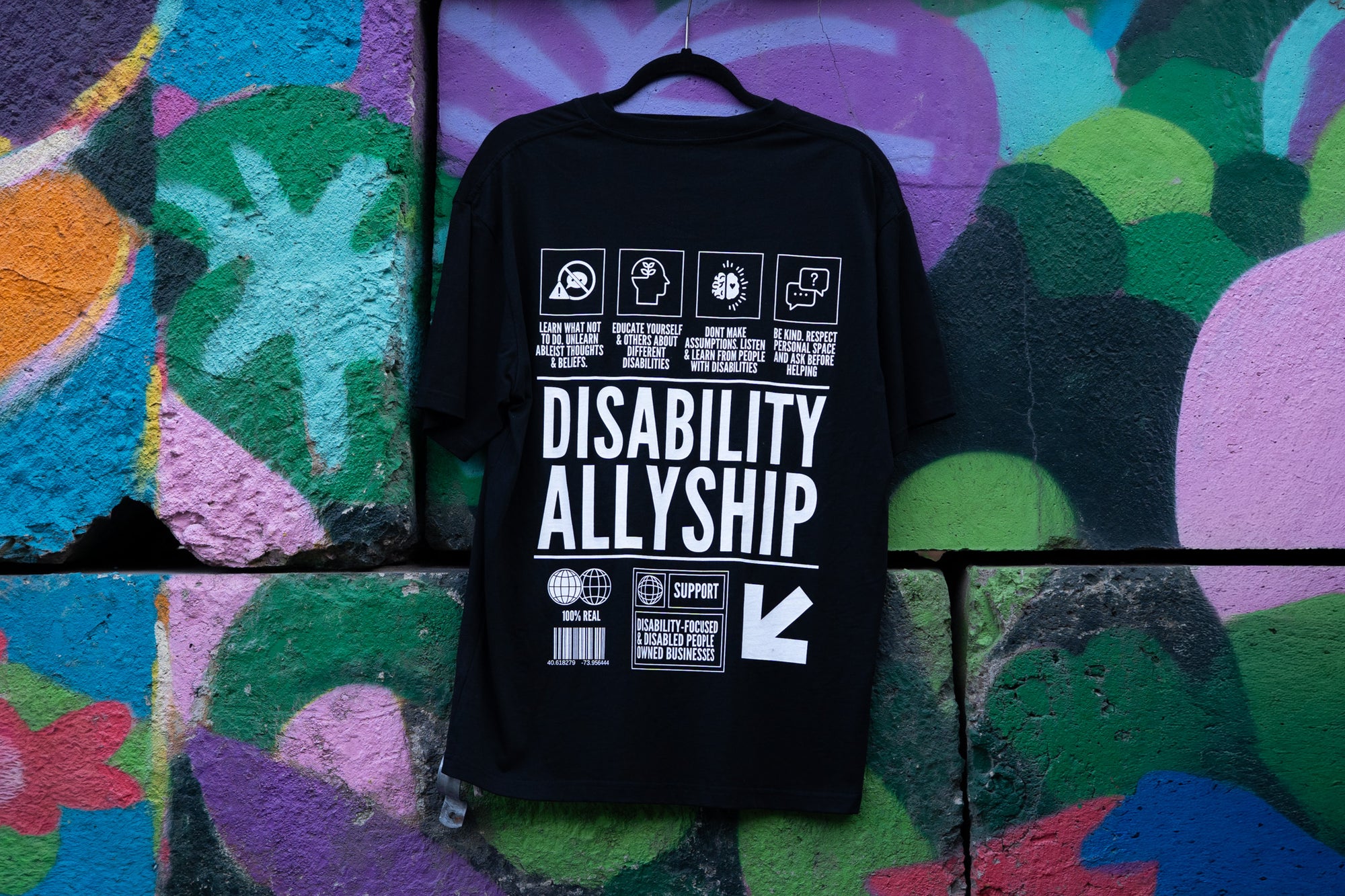 Disability Allyship Graphic Tee on back of Black Oversize Deep Drop Shoulder Tee Oversize Deep Drop Shoulder Tee - 190 GSM