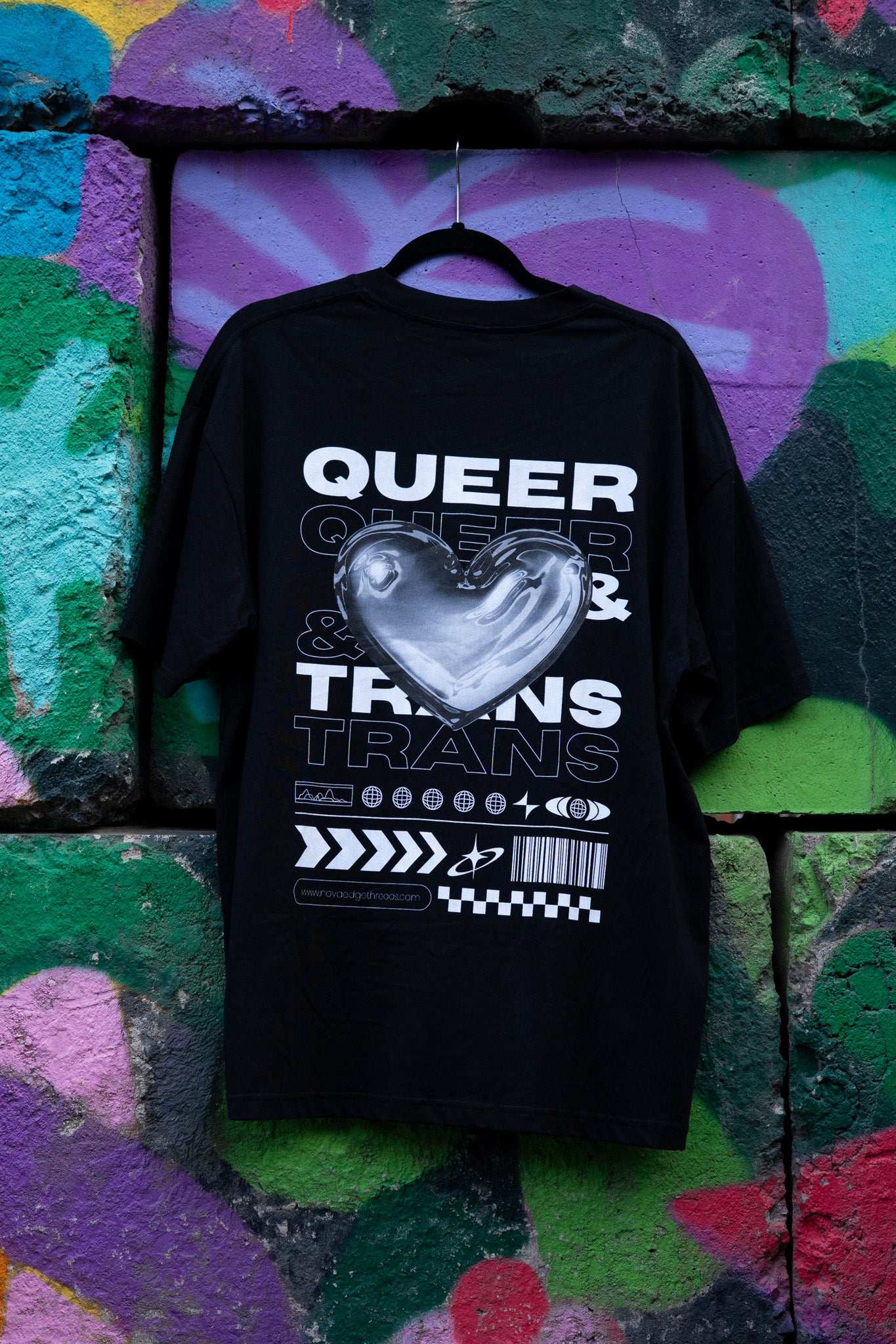 Queer & Trans Pride Chrome Heart Streetwear-Inspired Back Design on Oversize Tee Oversize Deep Drop Shoulder Tee - 190 GSM