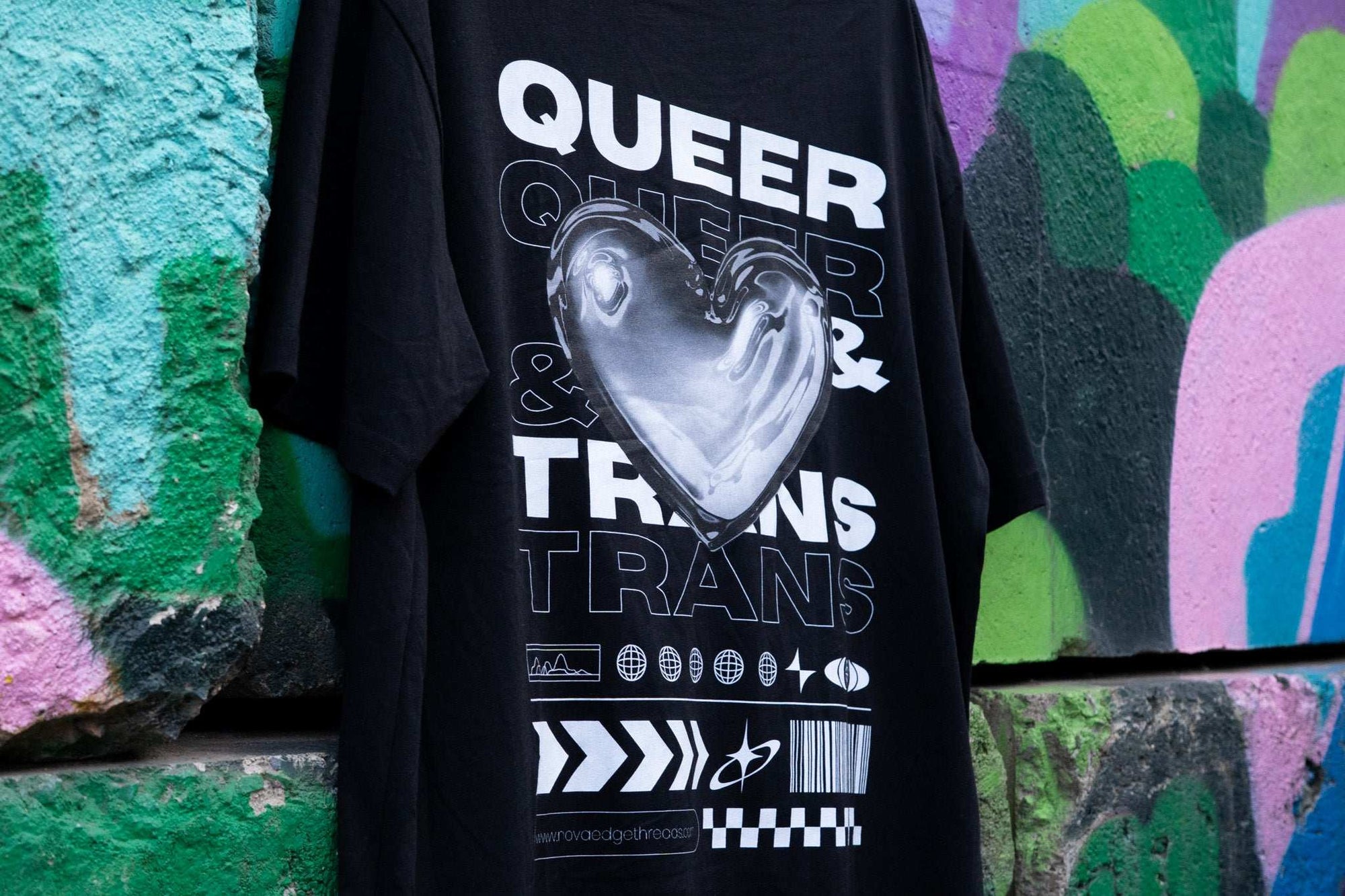 Queer & Trans Pride Chrome Heart Streetwear-Inspired Back Design on Oversize Tee Oversize Deep Drop Shoulder Tee - 190 GSM