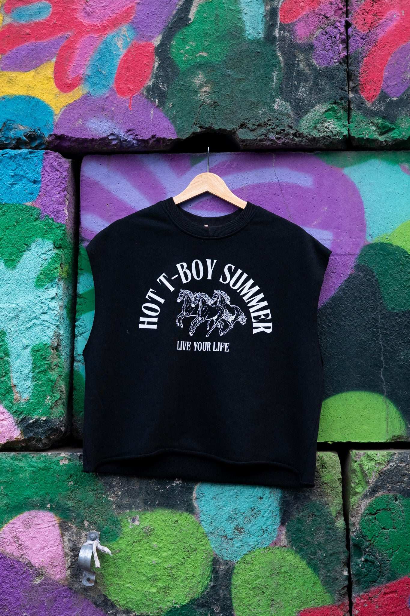 Hot T-Boy Summer Trans Pride on front of Black French Terry Boxy Tank Top French Terry Boxy Tank Top