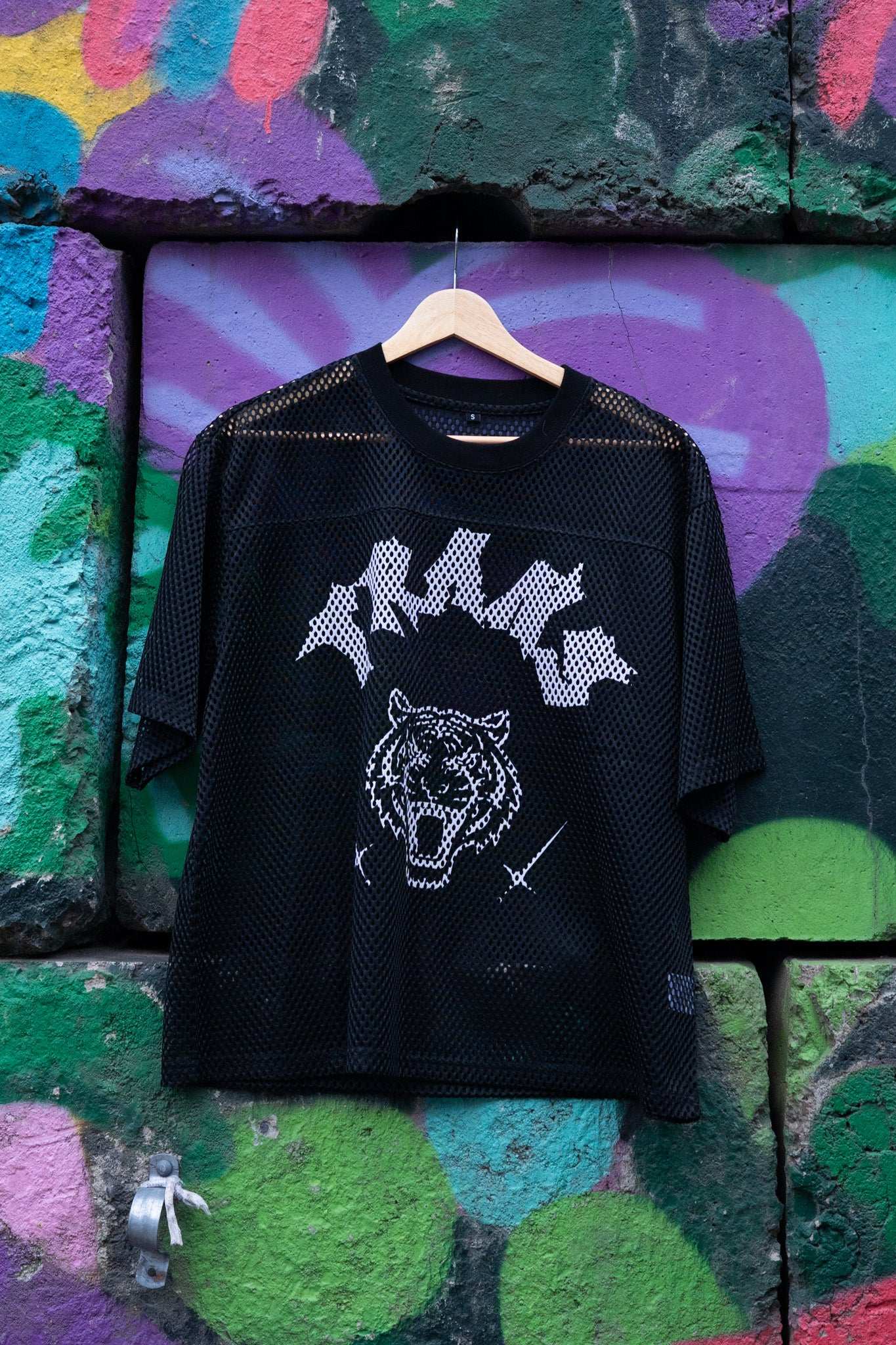 Trans Pride Tattoo Inspired Design on front of Black See-through Boxy Net T-shirt See-through Boxy Net T-Shirt