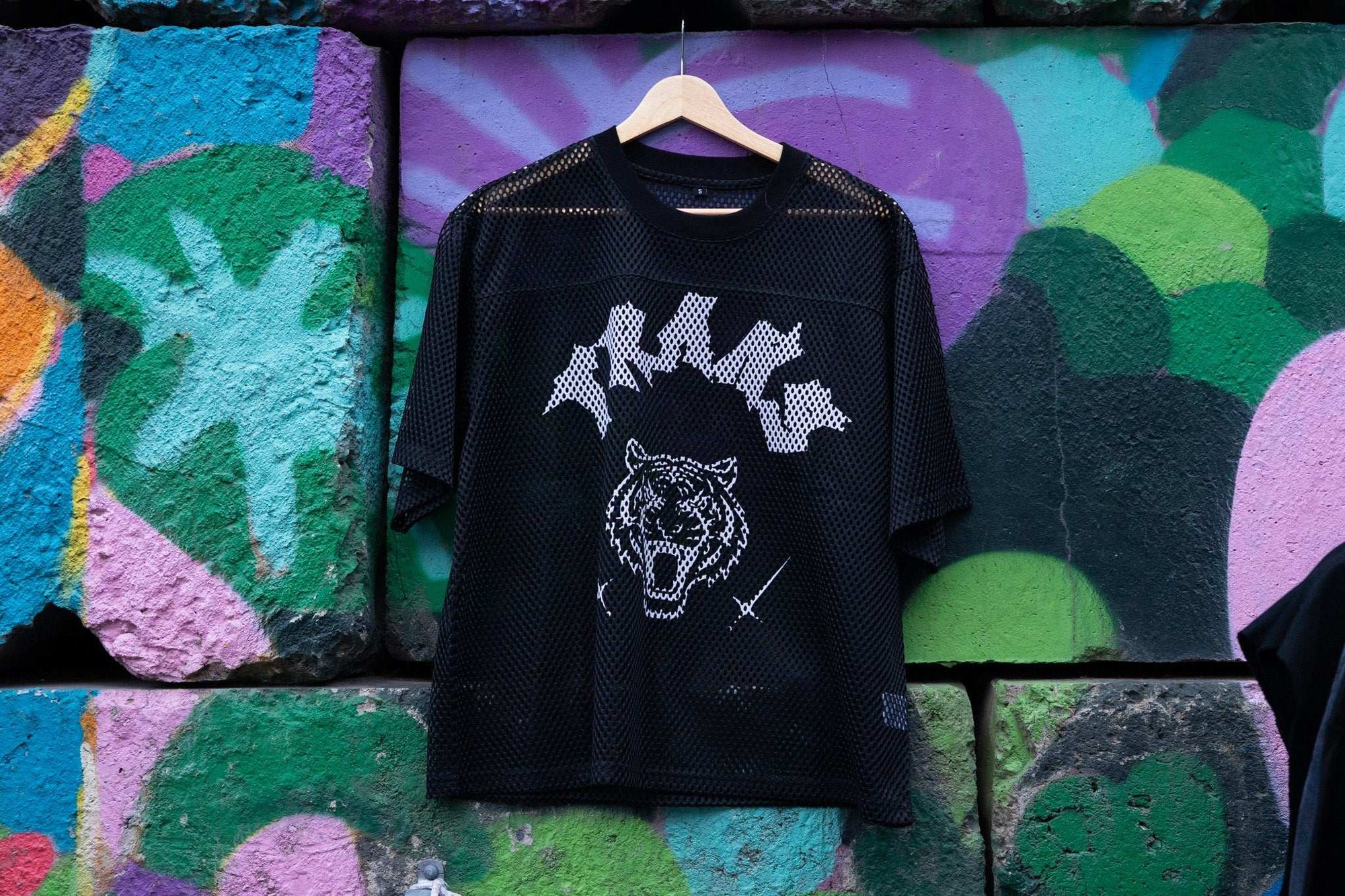 Trans Pride Tattoo Inspired Design on front of Black See-through Boxy Net T-shirt See-through Boxy Net T-Shirt