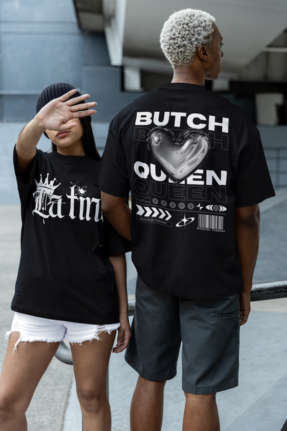 Butch Queen Graphic Tee Chrome Heart Streetwear Fashion Black Pride Oversize Deep Drop Shoulder Tee - 190 GSM