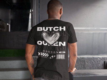 Butch Queen Graphic Tee Chrome Heart Streetwear Fashion Black Pride Oversize Deep Drop Shoulder Tee - 190 GSM