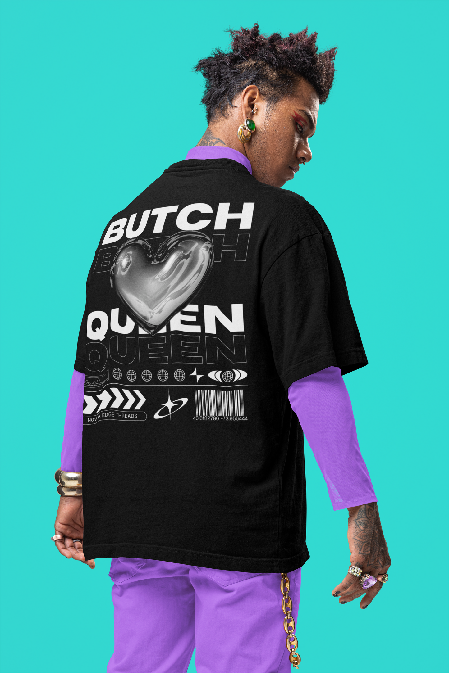 Butch Queen Graphic Tee Chrome Heart Streetwear Fashion Black Pride Oversize Deep Drop Shoulder Tee - 190 GSM