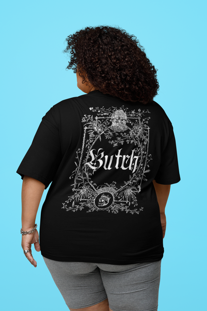 Butch Gothic Designed Graphic Tee on Black Acid Wash Oversize T-Shirt - 250 GSM