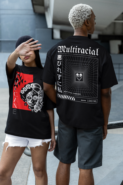 Unapologetically Multiracial Graphic Tee Japanese Streetwear Style on back of Black Oversize Deep Drop Shoulder Tee - 190 GSM