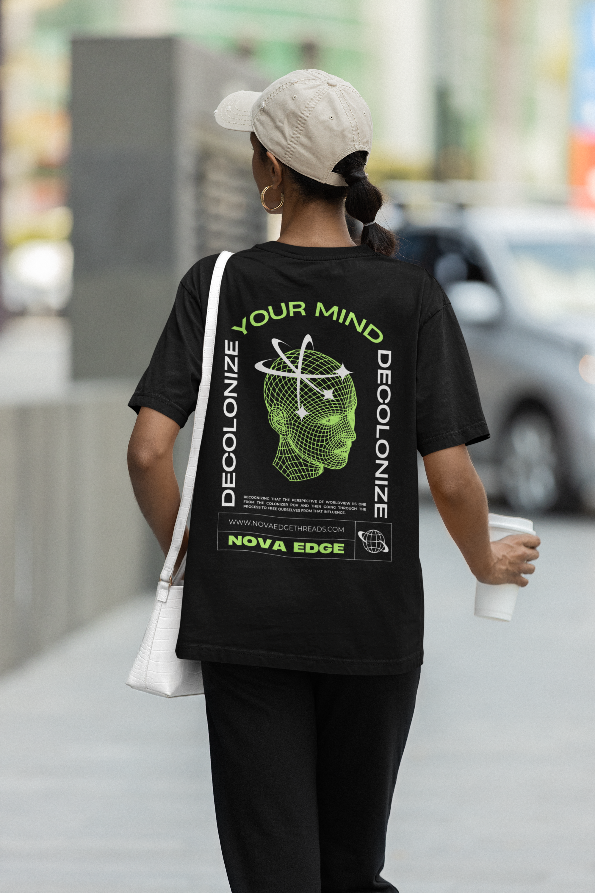 Decolonize your Mind Graphic Tee Streetwear Style on Black Oversize Deep Drop Shoulder Tee