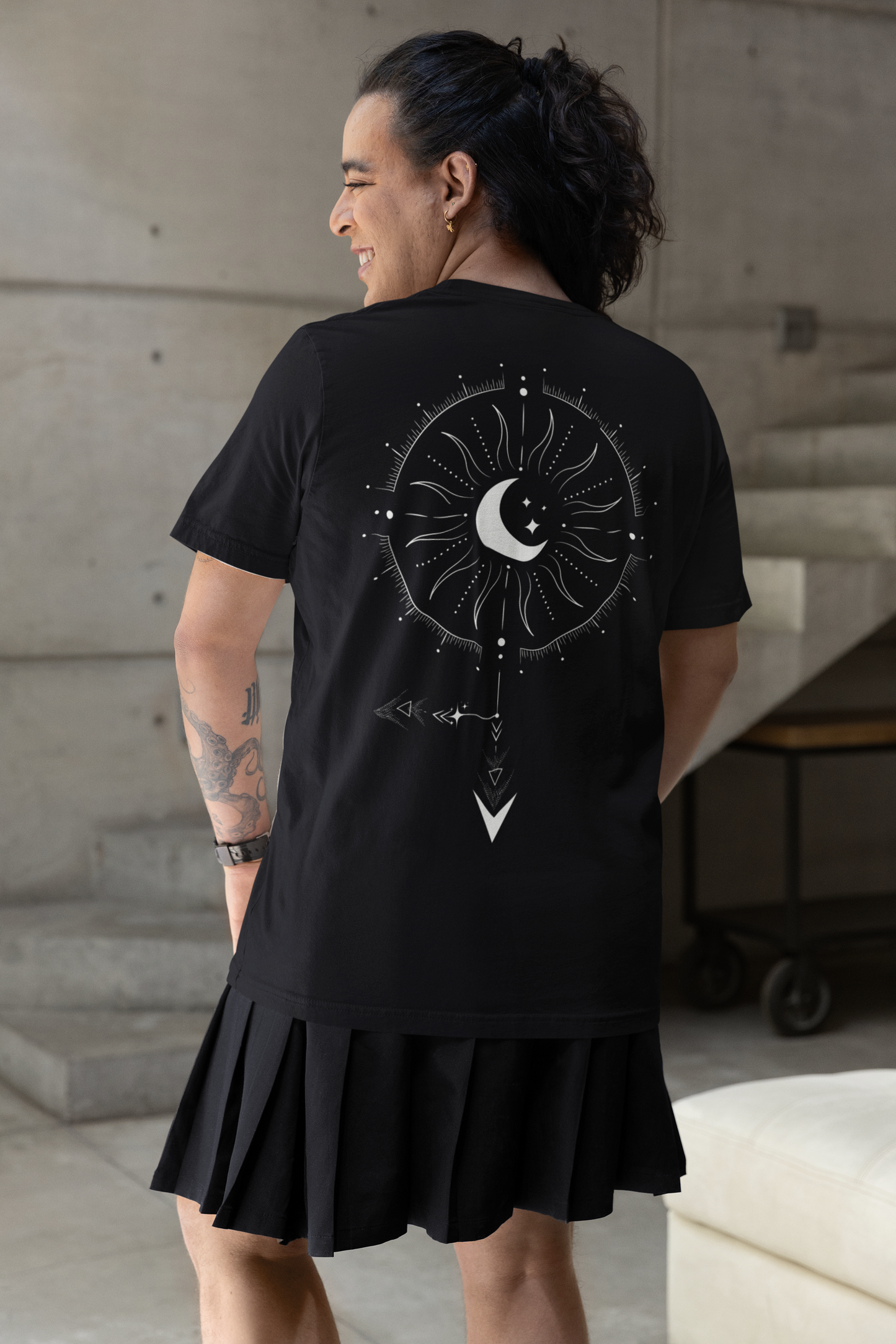 Demigirl Gender Symbol in Celestial Design on Black Vintage Wash Frayed T-Shirt - 260 GSM