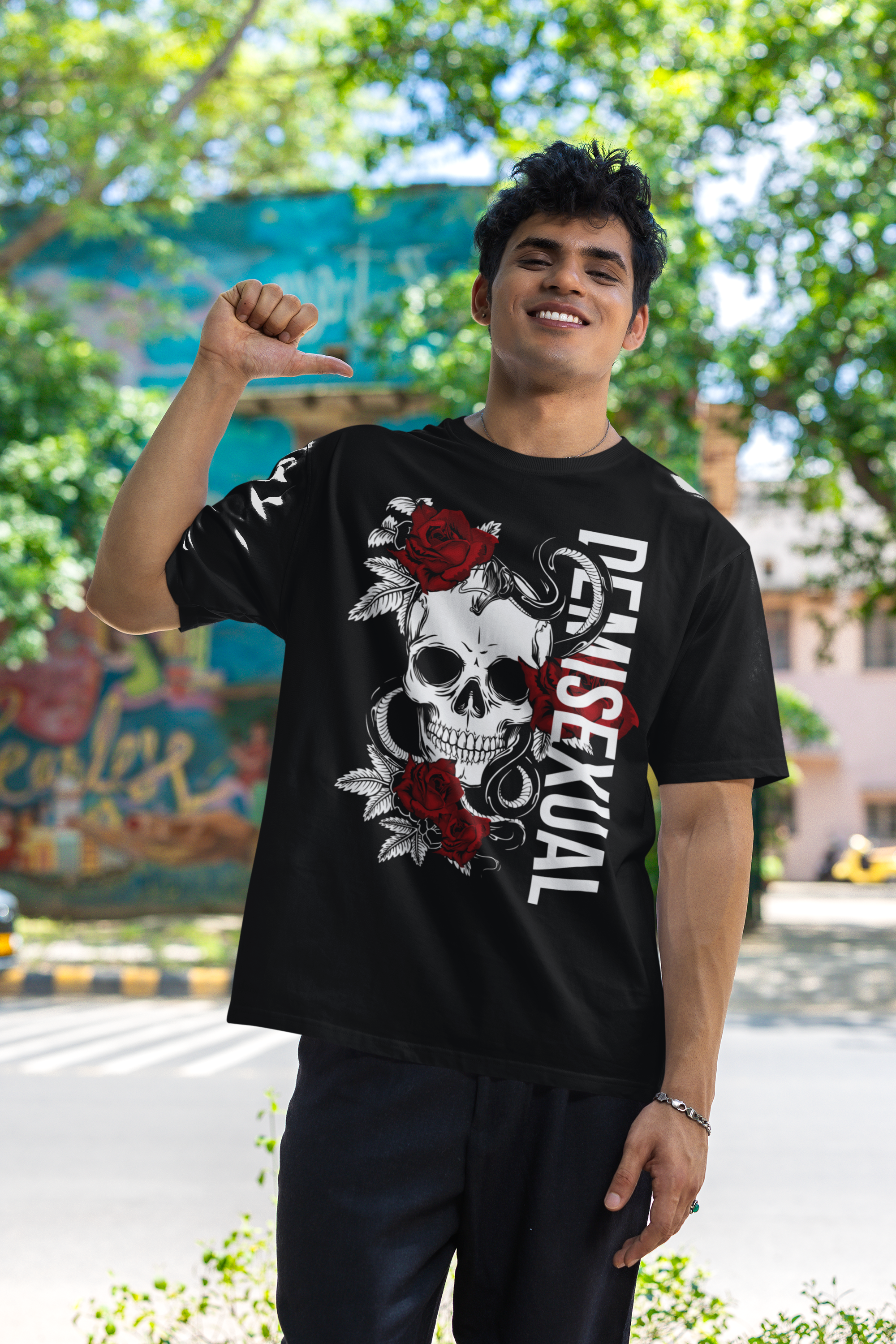 Demisexual Pride T-Shirt Skull and Roses Tattoo Inspired Design on front of Black Oversize Tee Oversize Deep Drop Shoulder Tee - 190 GSM