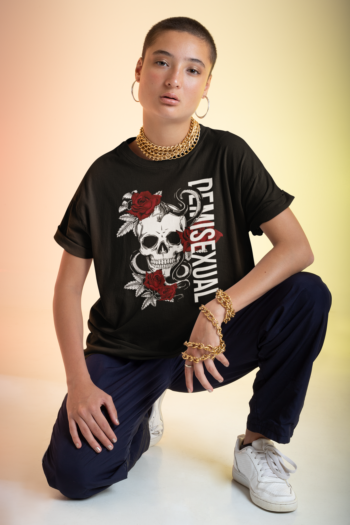 Demisexual Pride T-Shirt Skull and Roses Tattoo Inspired Design on front of Black Oversize Tee Oversize Deep Drop Shoulder Tee - 190 GSM