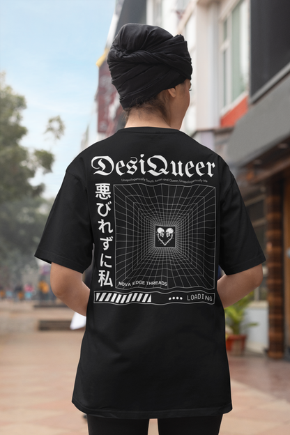 Unapologetically DesiQueer Graphic Tee South Asian Pride Japanese Streetwear Style on Black Oversize Deep Drop Shoulder Tee - 190 GSM