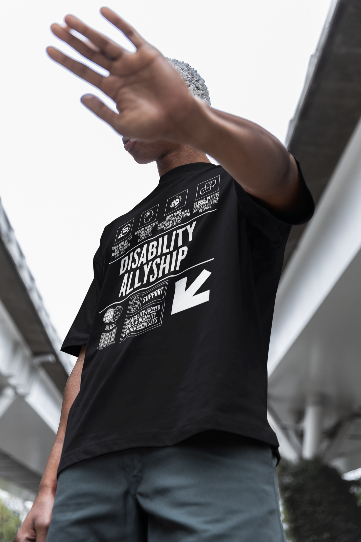 Disability Allyship Graphic Tee Streetwear Style Disability Pride on front of Black Oversize Deep Drop Shoulder Tee - 190 GSM